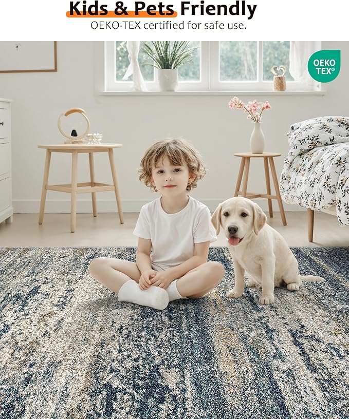 Art&Tuft Washable Rug 6x9, Anti-Slip Backing Abstract 6x9 Area Rug, Stain Resistant Rugs for Living Room, Foldable Machine Washable Area Rug (6'x9', Navy)