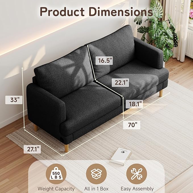 70" Modern Loveseat Sofa with USB Type-C Ports, Linen Fabric 2-Seater Deep Seat Couch, Cozy Small Couch Sofa for Living Room Bedroom Office Apartment (Black)
