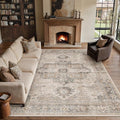 8x10 Washable Vintage Area Rug Brown Oriental Living Room Bedroom Throw Rug Neutral Non Slip Soft Low Pile Carpet for Dining Room Office Nursery Indoor