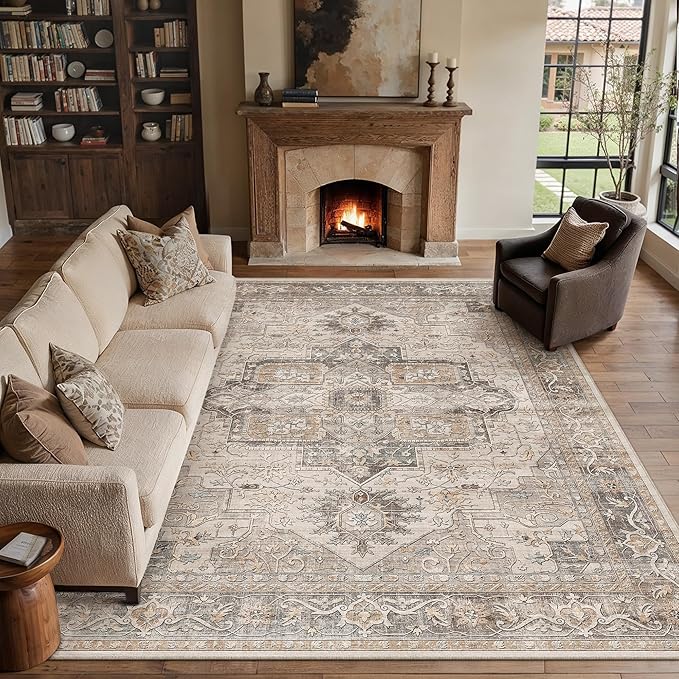 8x10 Washable Vintage Area Rug Brown Oriental Living Room Bedroom Throw Rug Neutral Non Slip Soft Low Pile Carpet for Dining Room Office Nursery Indoor