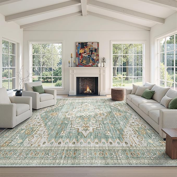 Area Rugs for Living Room - 9x12, Boho Non-Slip Low Pile Carpet Machine Washable Rugs for Bedroom, Farmhouse, Office, Dining Room (Green)