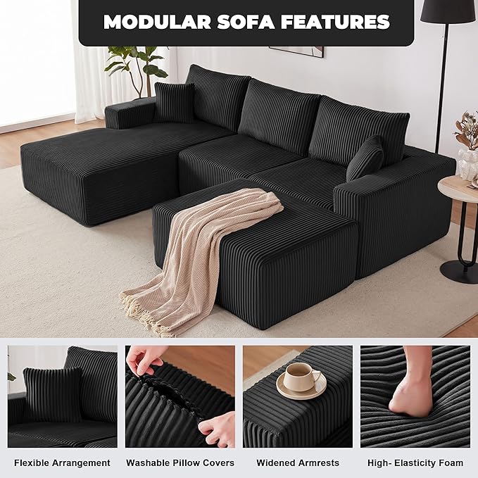 Weture 108” Modular Sectional Couches, Modern Modular U-Shape Sofa with Chaise, Cloud Sectional Couch with Deep Seat, Upholstered Boneless Sofa for Living Room (Corduroy, Black)