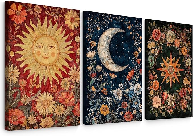 Moon Sun Star Celestial Wall Art Tarot Card Vintage Poster Decor Gothic Witchy Aesthetic Canvas Wall Art Flower Mystical Astrology Painting Dark Academia Poster for Bedroom 12x16x3 Inch Wrapped Canvas