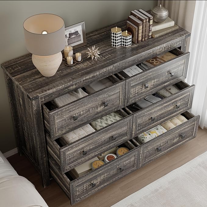 BORNOON 6-Drawer Dresser, Modern Wooden Storage Chest of Drawers, Dresser TV Stand, Wood Drawer Organizer with Metal Handles for Bedroom, Living Room, Hallway