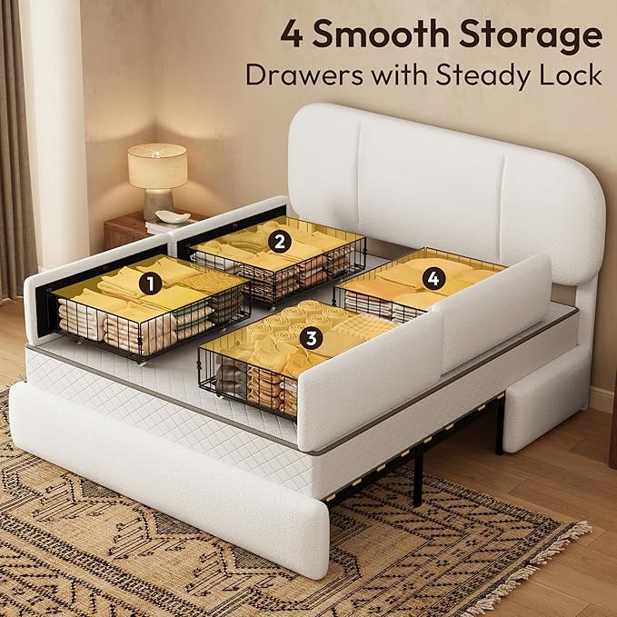 Full Size Bed Frame with Storage, Boucle Cloud Bed with 4 Locking Drawers & LED Lights, Modern Upholstered Platform Bed, Plush Sides & Footboard, Adjustable Headboard, No Box Spring, Cream