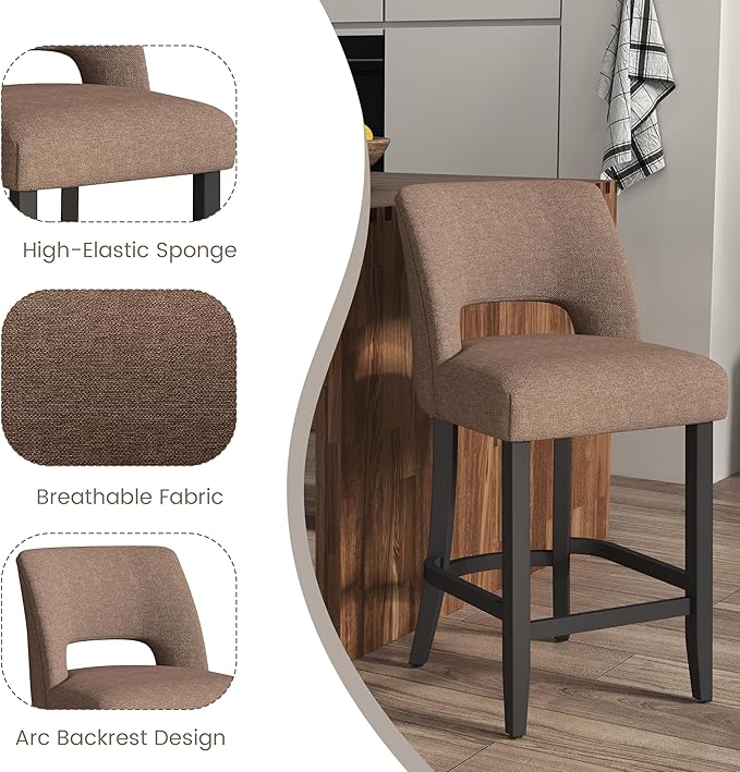 VKNOW Bar Stools Set of 4, 26" Upholstered Counter Height Bar Stools, Modern Counter Stools with Black Legs for Kitchen Island Dining Room Bar, Brown-Black Legs
