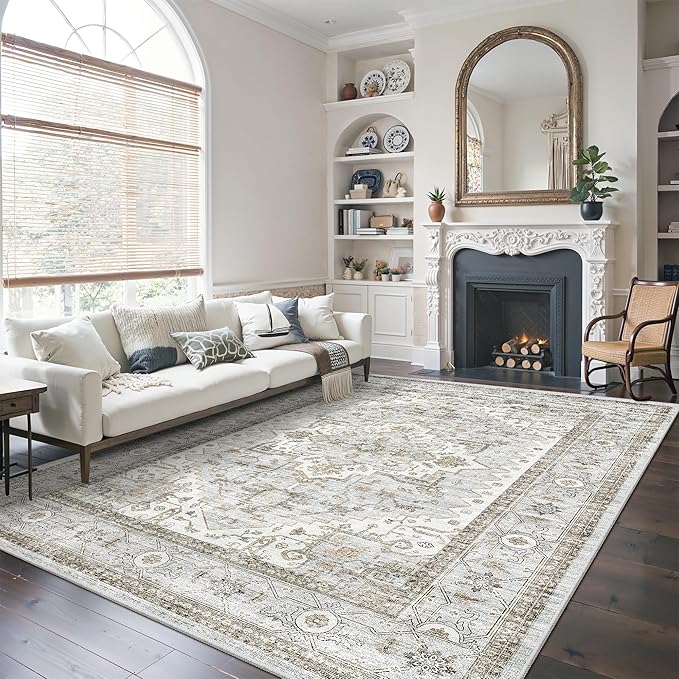 Area Rugs for Living Room - 9x12, Boho Non-Slip Low Pile Carpet Machine Washable Rugs for Bedroom, Farmhouse, Office, Dining Room (Blue)