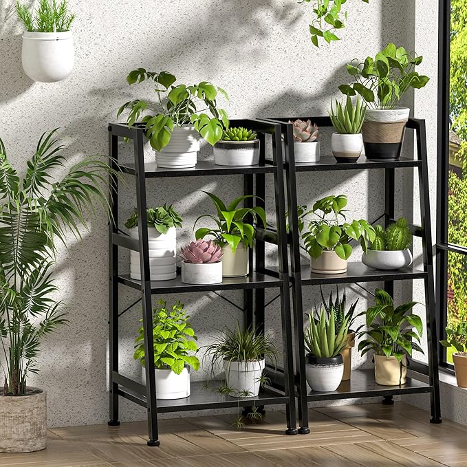 3-Tier Bookshelf, Ladder Shelf, Stand up Shelves, Industrial Bookcase with Steel Frame, Metal Small Bookcase, for Living Room, Home Office, Kitchen, Bedroom, Industrial Style（Black）