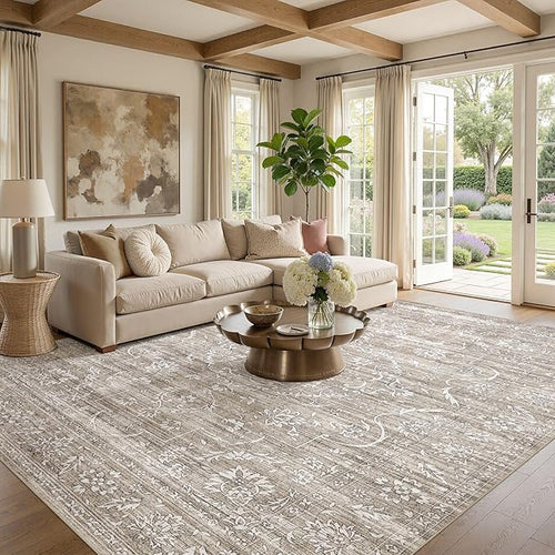 8x10 Area Rug Living Room: Washable Large Vintage Grey Rug Neutral Non-Slip Soft Stain Resistant Indoor Carpet for Bedroom Nursery Dining Room Under Table Bed Home House Office Playroom - Light Brown