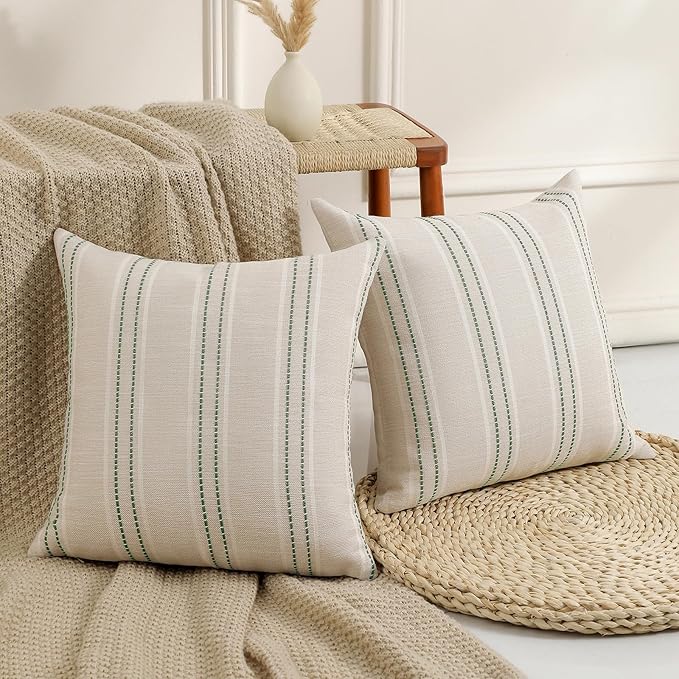 Hckot Spring Decorative Pillow Covers 18x18 Striped Throw Pillows Textured Linen Green Pillow Covers Farmhouse Decor Cushion Covers for Couch Bed Living Room,Sage Green
