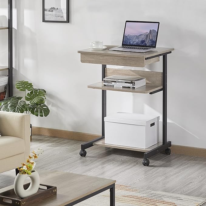 Topeakmart Gray Art Deco Desk, Rolling Computer Desk Cart with Drawer, Small Space Solution for Writing, Laptop, PC, 22 x 20.1 x 31.5 inches
