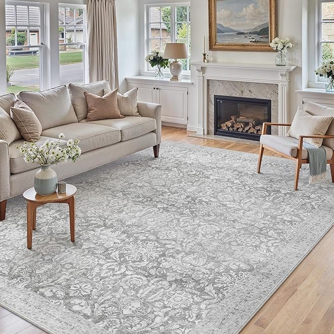 PureCozy Gray 8x10 Area Rugs Washable Vintage Living Room Bedroom Carpet Indoor Non Slip Soft Low Pile Thin Rug Retro Accent Home Office Dining Room