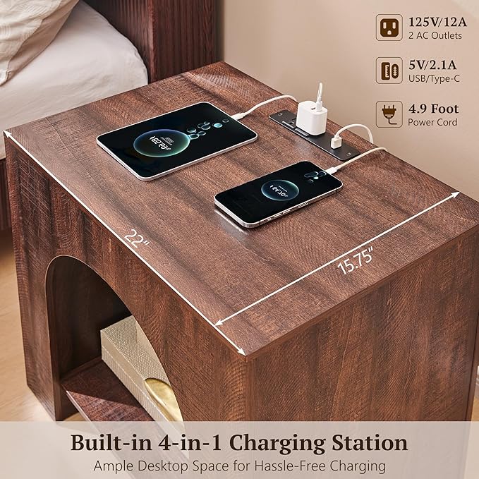 Arched End Table Set of 2 with Type-C Charging Station, 22" Modern Bedroom NightStand with Arched Shelf, Side Table with Outlet, USB, Type-C Port for Bedroom, Brown