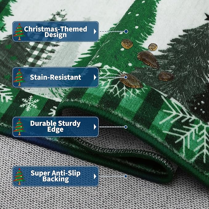 Garvee Washable Rugs for Living Room 8x10 Large Christmas Rugs Mats with Xmas Tree Snowflake Pattern, Foldable Plaid Accent Rug, Soft Low Pile Indoor Carpet for Bedroom, Office, Green