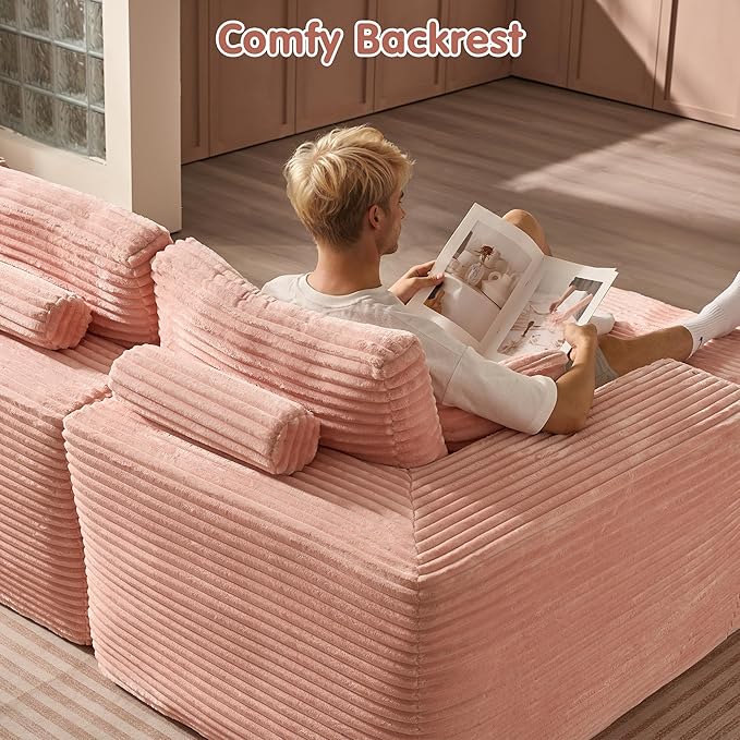 ovios 104" Cloud Boneless Couch with L-Shape Chaise,Modern Sectional Modular Sofa with Deep Seat, Upholstered Couches for Living Room Bedroom,No Assembly Required, Pink (Plush Corduroy Fabric)