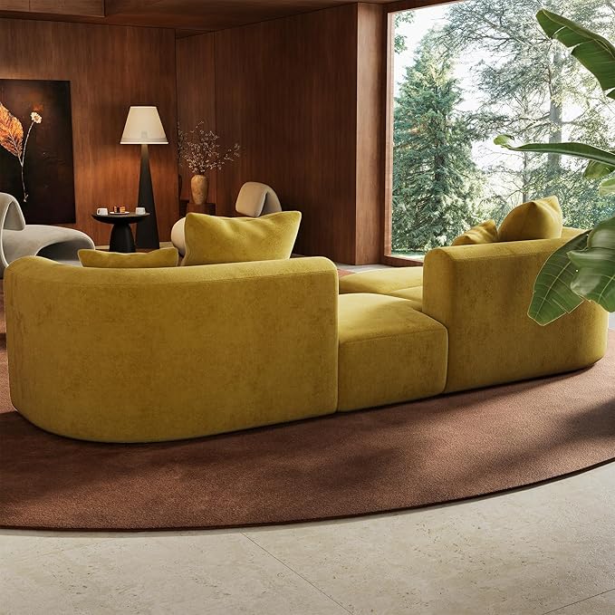 116" Modular Sectional Couches with Ottoman, Luxury Modern Curved Back Sofa, Minimalist Style Oversized 4 Seat Deep Comfy Convertible L Shape Boneless Couch for Living Room Office Apartment, Yellow