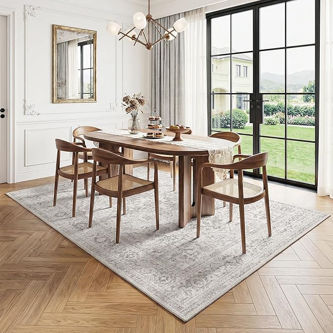 FMFUNCTEX 5x7 Washable Area Rug Neutral Vintage Grey Distressed Non Slip Low Pile Traditional Indoor Carpet for Living Room Bedroom Soft Gray Throw Rug for Dining Office Kitchen Dorm Entryway