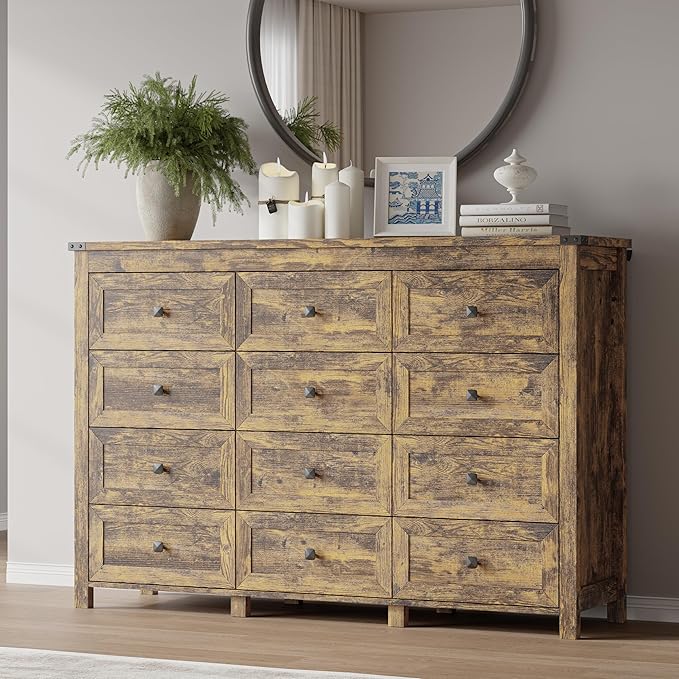 BORNOON 12-Drawer Dresser, Modern Wooden Storage Chest of Drawers, Dresser TV Stand, Wood Drawer Organizer with Metal Handles for Bedroom, Living Room, Hallway