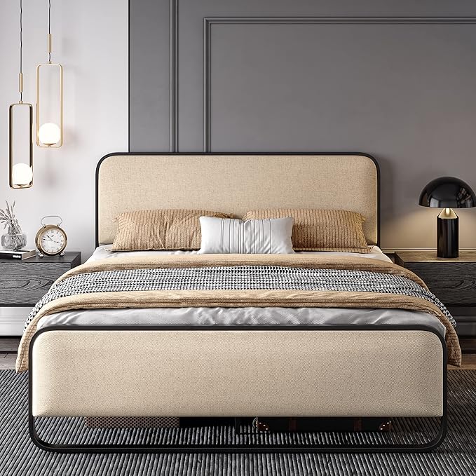 SHA CERLIN Full Size Platform Metal Bed Frame with Curved Upholstered Headboard and Footboard, Large Under Bed Storage, No Box Spring Needed, Modern, Beige