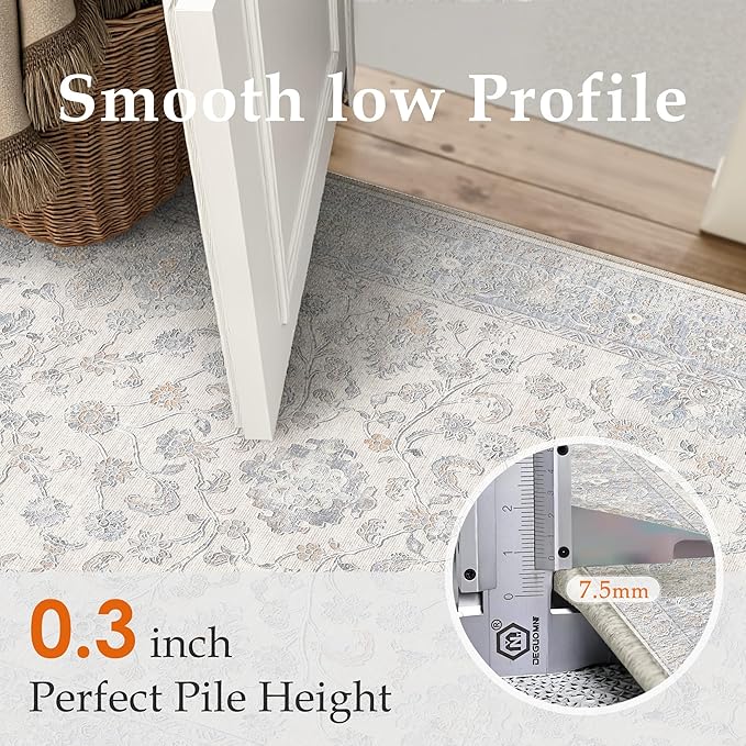 6x9 Blue Washable Area Rug for Living Room Bedroom Neutral Soft Floral Non Slip Thin Throw Rug Lightweight Vintage Low Pile Distressed Carpet Doormat Office Playroom Dining Room Classroom