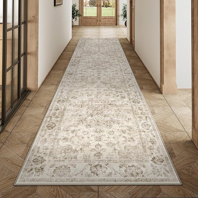 2x10 Washable Neutral Runner Rug Beige Vintage Hallway Kitchen Carpet Non-Slip Soft Low Pile Farmhouse Throw Rug for Bedroom Bathroom Laundry Living Room