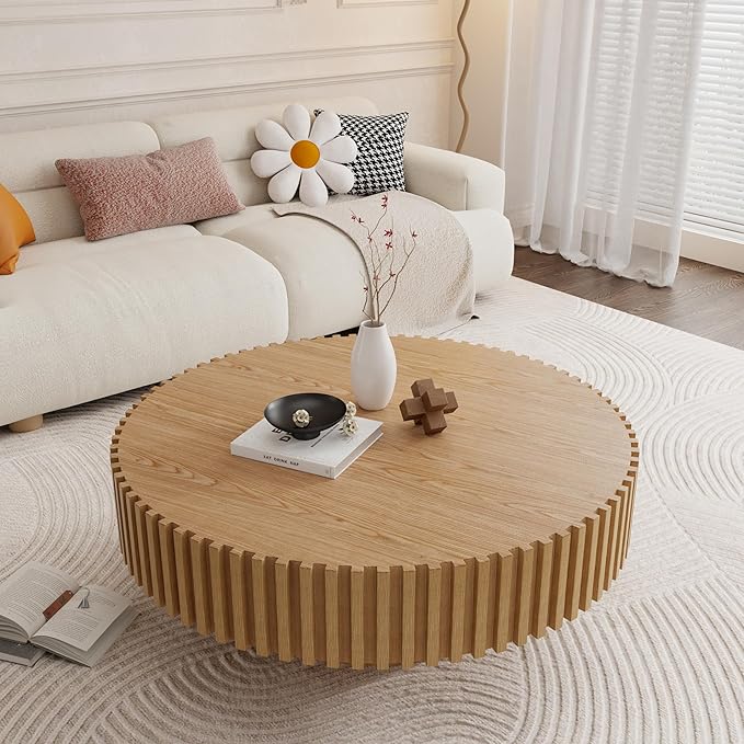 39.4" Oak Round Coffee Table Wood, Modern Drum Fluted Circle Coffee Table for Living Room, Contemporary Low Center Table Side Table for Apartment, Farmhouse, Office, mesa de Cafe, Natural Ash