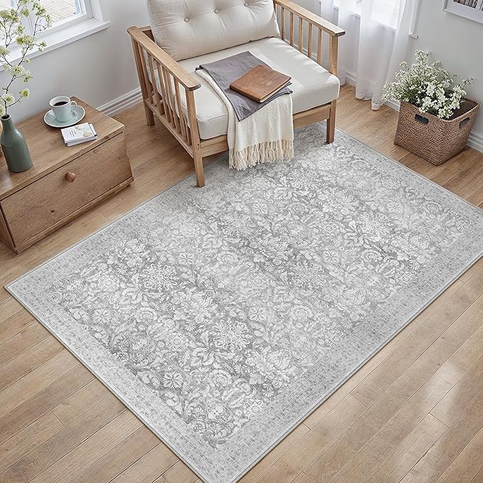PureCozy Washable Rug 3x5, Entryway Gray Indoor Non Slip Small Low Plie Thin Bedroom Kitchen Area Rugs Retro Accent Throw Office Vintage Carpet for Nursery Under Coffee Table Grey