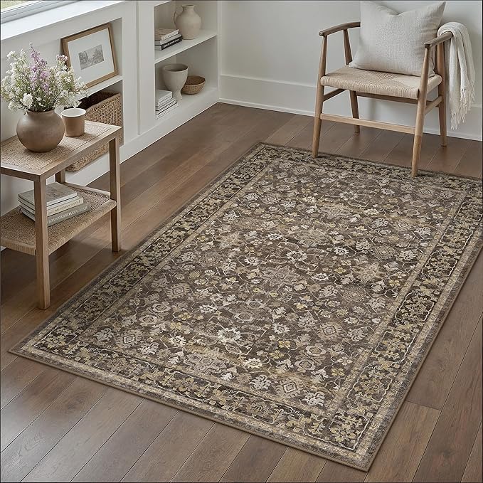 3x5 Brown Washable Vintage Area Rug for Living Room Soft Floral Non Slip Throw Rug Modern Low Pile Stain Resistance Doormat Distressed Carpet Entrance Laundry Room Bedroom Office
