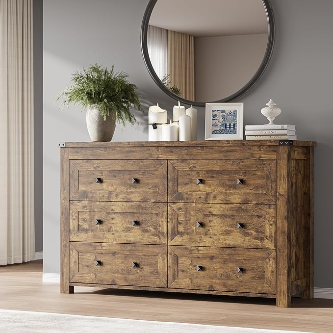 BORNOON 6-Drawer Dresser, Modern Wooden Storage Chest of Drawers, Dresser TV Stand, Wood Drawer Organizer with Metal Handles for Bedroom, Living Room, Hallway