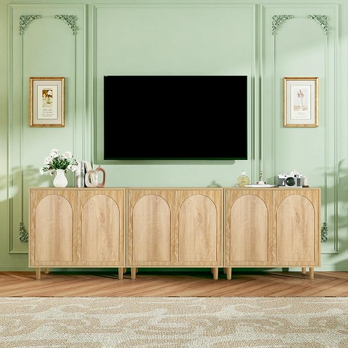 Bifins 94.5” Fluted Sideboard Buffet Cabinet with Storage,Mid Century Modern Long Wood Storage Cabinet with Arched Profile for Dining Room Kitchen Living Room