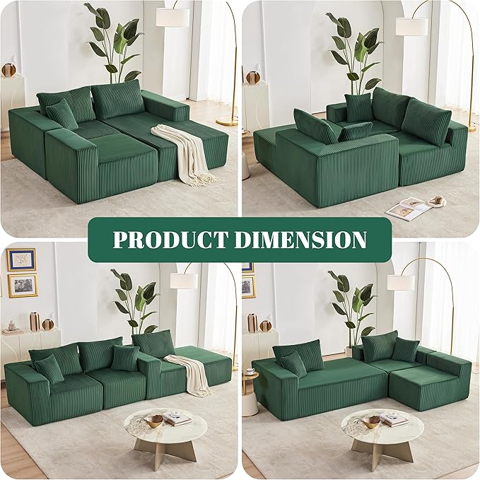 Weture 108” Modular Sectional Sofa, Cloud Sectional Couch with Deep Seat, Modern Modular L-Shape Sofa with Chaise,Upholstered Boneless Couches for Living Room Bedroom (Corduroy, Green)