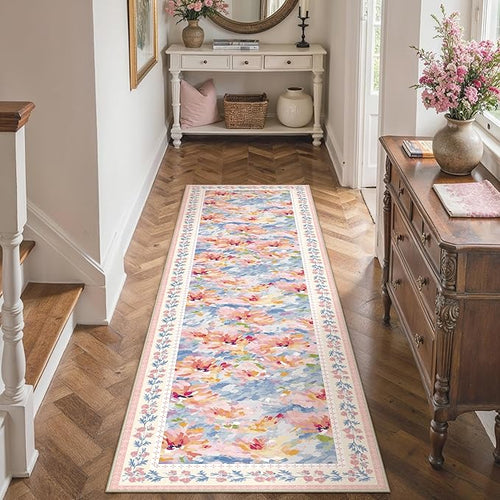 2x6 Washable Runner Rug Pink Blue Floral Abstract Hallway Kitchen Throw Rug Modern Non Slip Soft Low Pile Carpet for Bathroom Laundry Bedroom Living Room