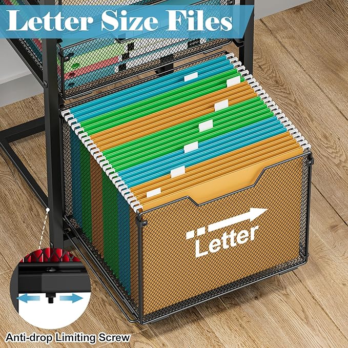 Sbanmao 3-Drawer File Cabinet with 3 Shelves, 61" Tall Vertical Filing Cabinet for Home Office, Metal Mesh Drawers with Small Printer Stand, Fit for Letter Files, Black