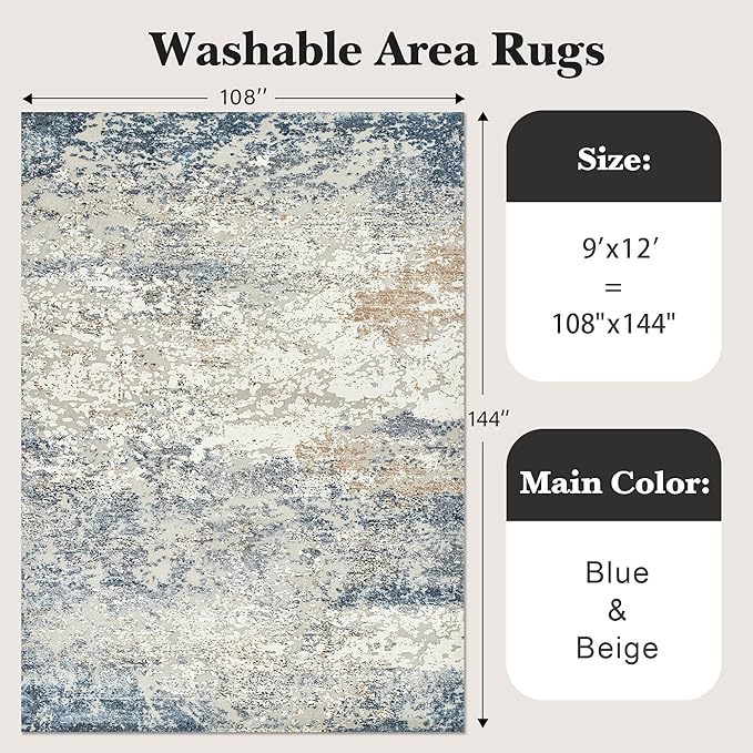 Art&Tuft 9x12 Area Rug, Anti-Slip Backing Abstract Washable Area Rugs 9x12 Living Room, Stain Resistant Rugs for Living Room, Foldable Machine Washable Rug (9'x12', Blue)