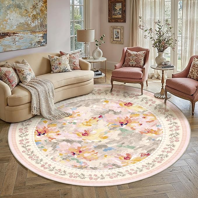 8x8 Washable Area Rug Beige Pink Living Room Bedroom Floral Throw Rug Abstract Modern Non Slip Soft Low Pile Large Carpet for Dining Room Office Nursery