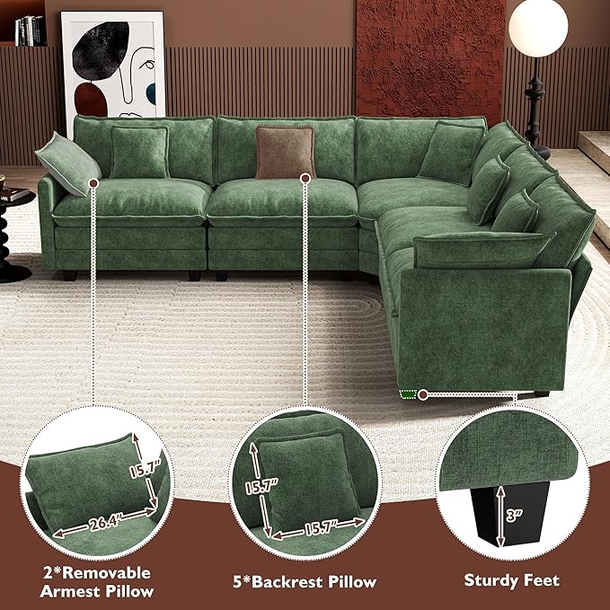 Ihanherry 114" V-Shaped Modern Sofa Modular Sectional Cloud Couch with Corner Section, 5-Seat Chenille Deep Seat Sofa with 5 Pillows for Living Room, Bedroom and Apartment, Green