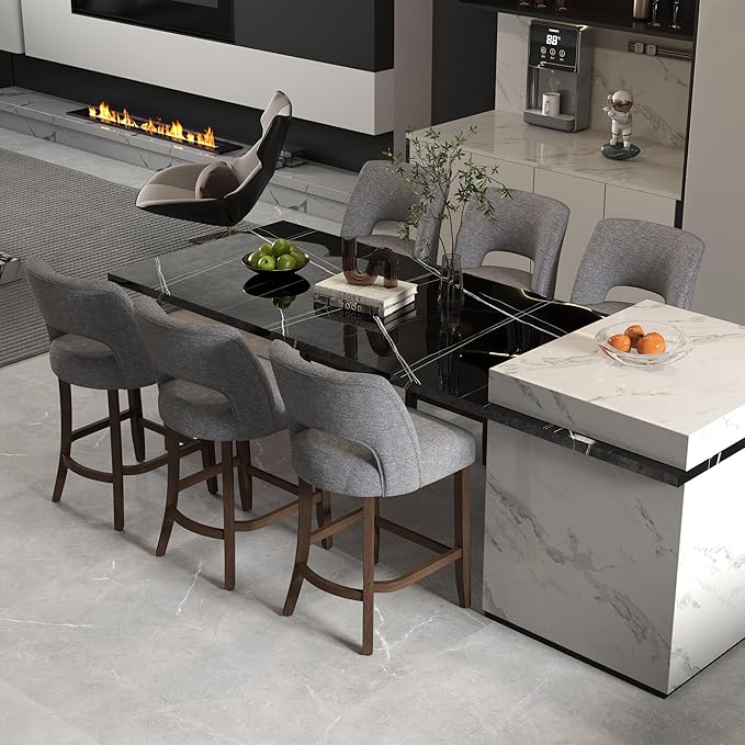 VKNOW Bar Stools Set of 6, 26" Upholstered Counter Height Bar Stools,Modern Counter Stools with Wood Legs for Kitchen Island Dining Room Bar,Fabric Grey