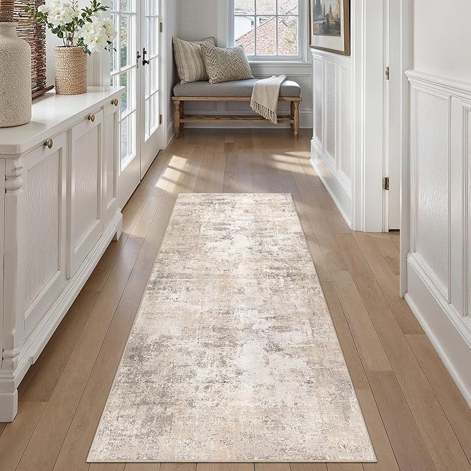 2x6 Washable Runner Rug Beige Grey Abstract Non Slip Soft Low Pile Hallway Kitchen Rug Neutral Modern Carpet for Laundry Bathroom Bedroom Living Room Home Decor