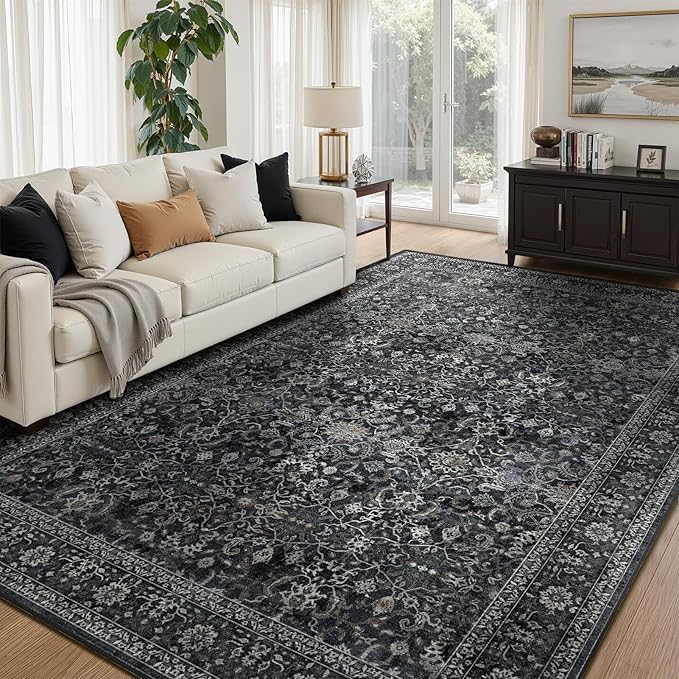 Living Room Rugs 6x8, Vintage Dark Area Rugs for Bedroom Dining Room, Washable Non Slip Low Pile Thin Carpet Rug for Guest Room Home Office, Farmhouse Distressed Midnight
