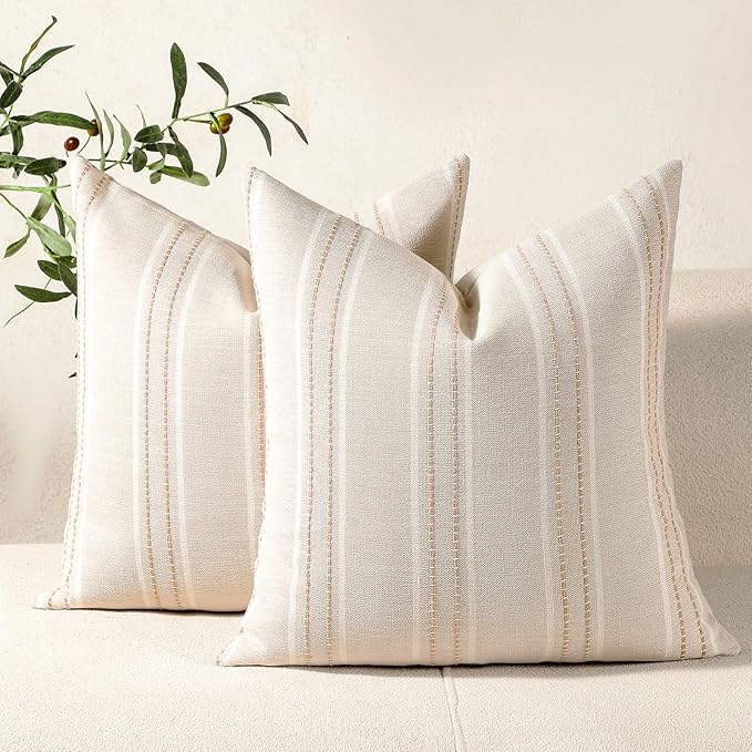 Hckot Hand Made Throw Pillow Covers 16x16 Set of 2 Striped Pillow Covers Linen Decorative Pillows Square Cushion Covers for Sofa Couch Bed Living Room Farmhouse Decor, Khaki