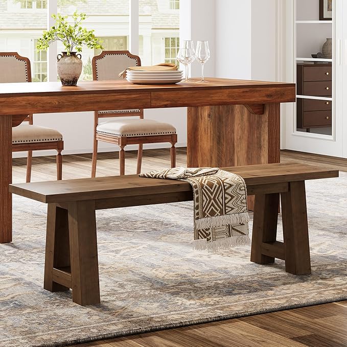 Solid Wood Dining Bench, 55.12-Inch Farmhouse Entryway Bench Indoor for Hallway, Kitchen, Dining Room, Living Room (Dark Brown)