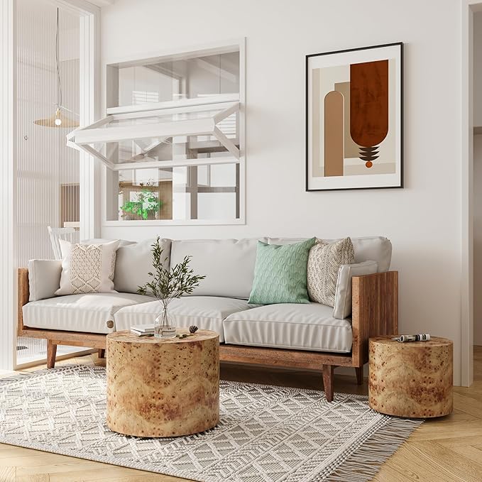 WILLIAMSPACE 18.9" Round Nesting Coffee Table Set of 2, Modern Wooden Coffee Tables Small Circle Center Table for Living Room, Accent End Table Set, No Assembling (Natural Burl)