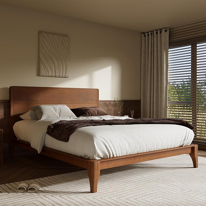 Merax Queen Size Bamboo Platform Bed, Mid-Century Modern Bed Frame with Tall Headboard, Solid Sustainable Bedframe Queen-size, Wood Slat Support, No Box Spring Needed, Easy Assembly, Noise Free, Brown