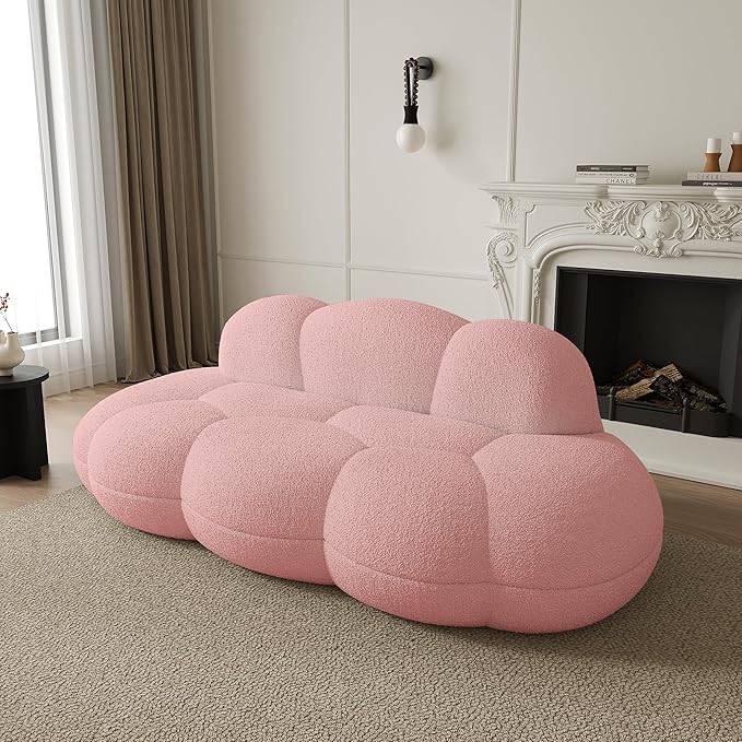JACH 3 Seater Cloud Sofa for Living Room, Modern Sherpa Upholstered Couch, Minimalist Leisure Sofa, Comfy Cloud Couch for Apartment, Small Space, No Assembly Required (Pink)