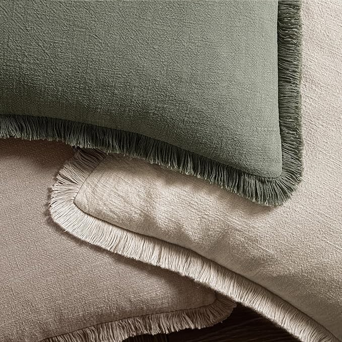 MIULEE Decorative Throw Pillow Covers Neutral Linen Fringe Throw Pillows Euro Shams Set of 2 Dune Boho Farmhouse Cushion Covers for Couch Sofa Bed Living Room Spring Home Decor 24x24 Inch