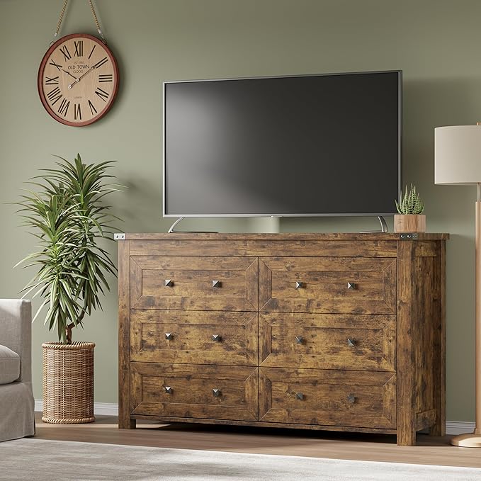 BORNOON 6-Drawer Dresser, Modern Wooden Storage Chest of Drawers, Dresser TV Stand, Wood Drawer Organizer with Metal Handles for Bedroom, Living Room, Hallway