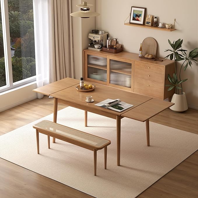 49.21’’-76.77’’ Extendable Dining Table and Chairs Set for 4, 100% Solid Wood Oak Dining Sets, Mid Century Modern Kitchen Table and Chairs Set for Living Room, Apartment (Table+Rattan Bench)