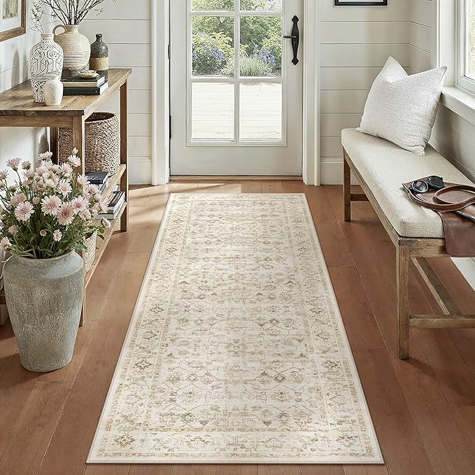 2x6 Beige Washable Neutral Runner Rug for Living Room Soft Floral Non Slip Runner Area Rug Modern Low Pile Stain Resistance Indoor Carpet Doormat Hallway Kitchen Stair Bedroom Bathroom