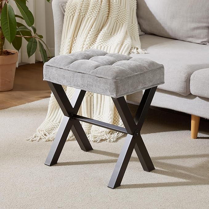 Royal Windsor Vanity Stool,Square Ottoman Stool Foot Rest,Upholstered Vanity Chair Foot Stool with Metal X Legs, Small Vanity seat for Entryway,Bedroom and Living Room,Linen Light Grey