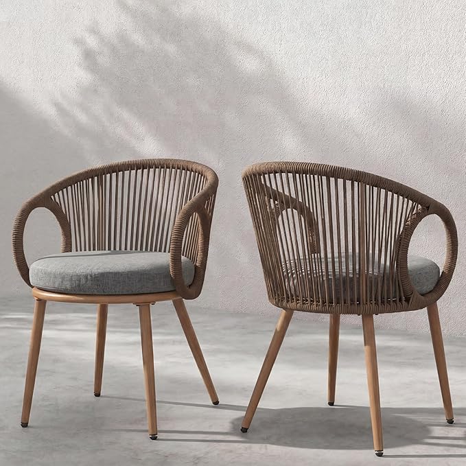 Modern Outdoor Dining Chair Set of 2 with Cushion, Scandinavian Rope Woven Patio Armchairs, Wood-Look Metal Frame, Weather-Resistant Balcony Backyard Dining Seating, Brown